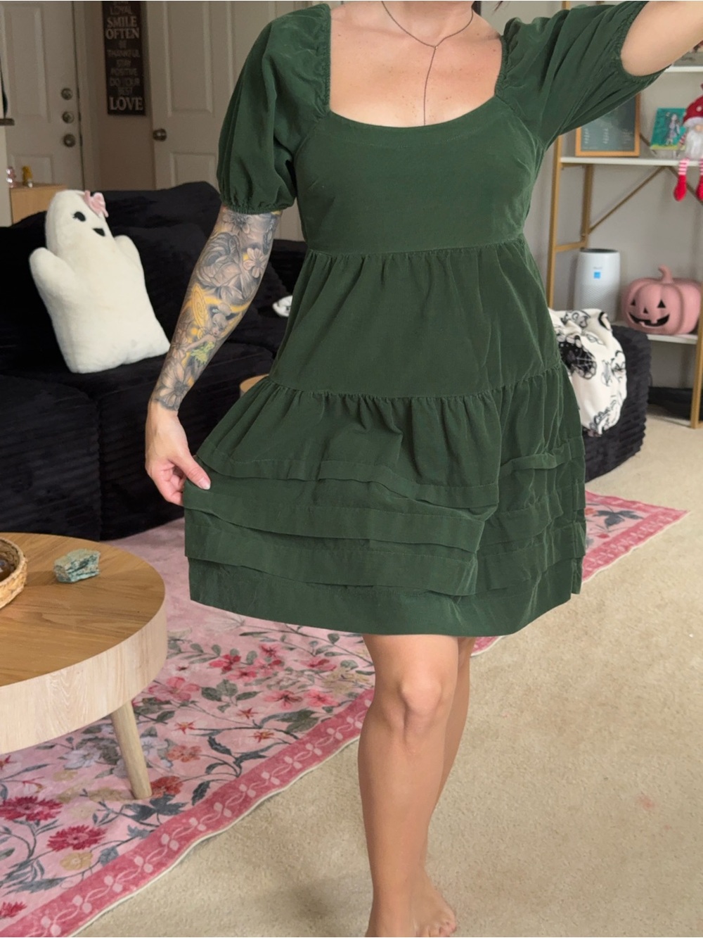 Monteau Forest Green Tiered Square-Neck Mini Dress